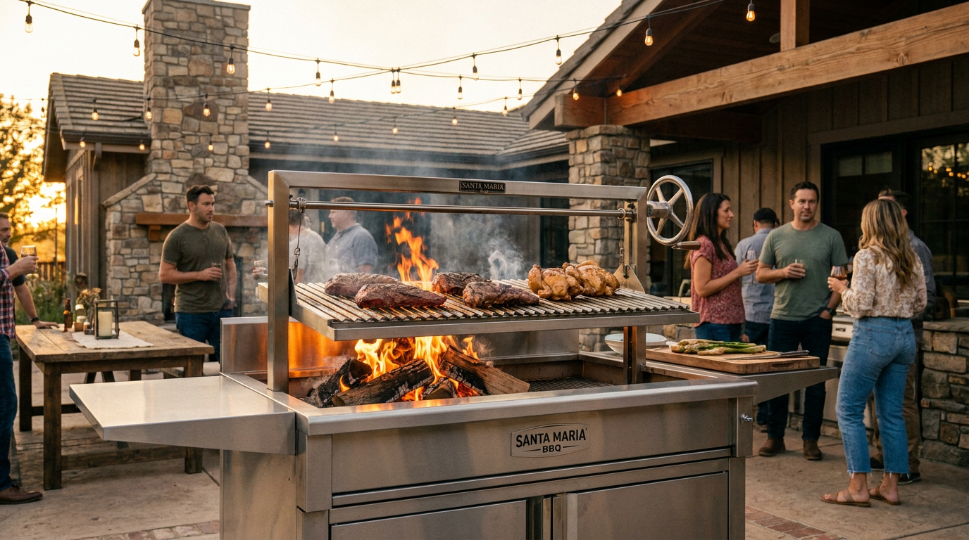 Santa Maria BBQ grill in outdoor kitchen at golden hour with tri-tip roasting over wood fire