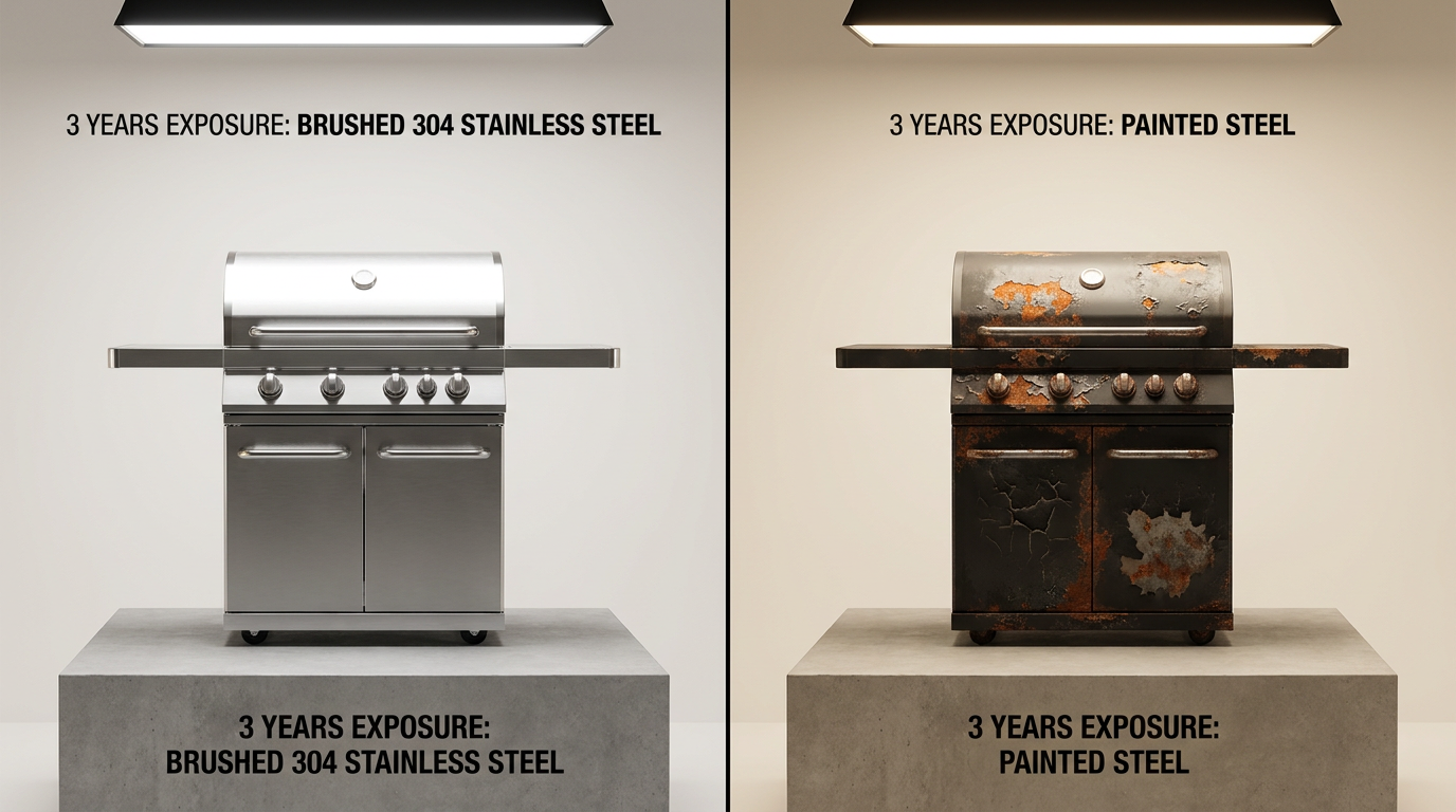 Side-by-side comparison: 304 stainless steel grill vs rusted painted steel grill after outdoor exposure