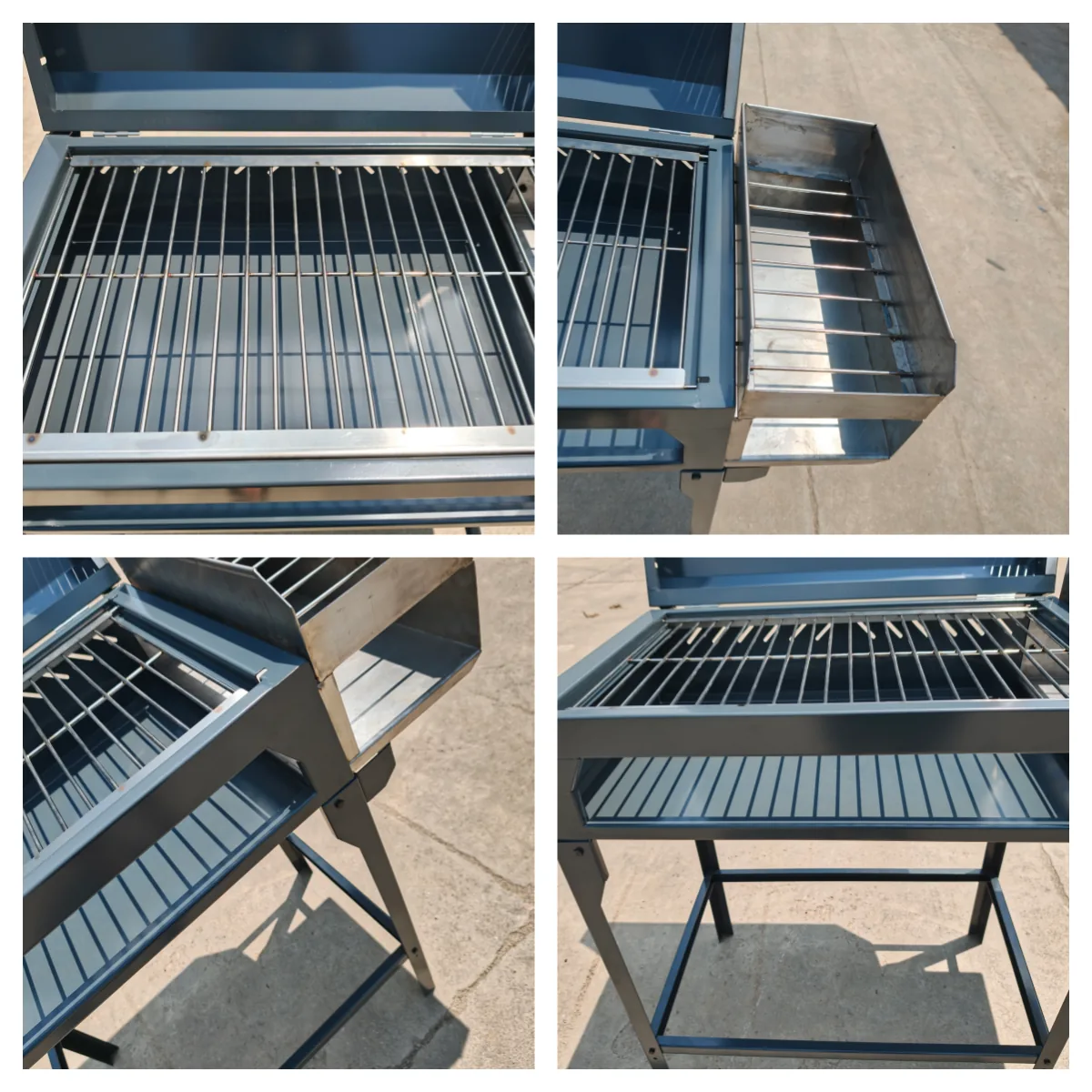Chulenguito dual zone charcoal BBQ grill four panel overview showing main grate, side firebox, legs and front view