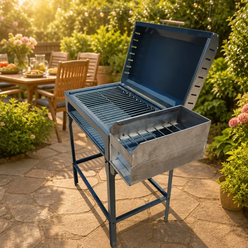 Chulenguito dual zone charcoal BBQ grill on backyard stone patio with garden table and greenery