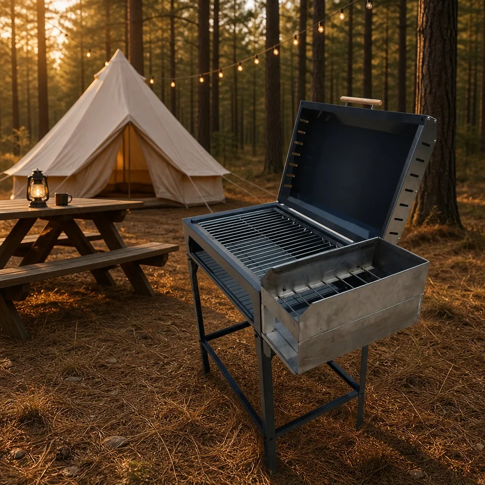 Chulenguito dual zone charcoal BBQ grill at campsite with bell tent and string lights in pine forest