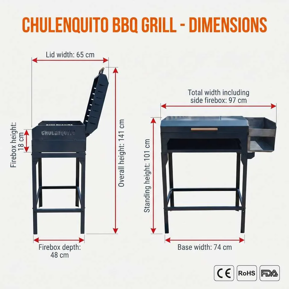Chulenguito charcoal BBQ grill dimensions diagram in centimeters, 97x74x101 cm overall