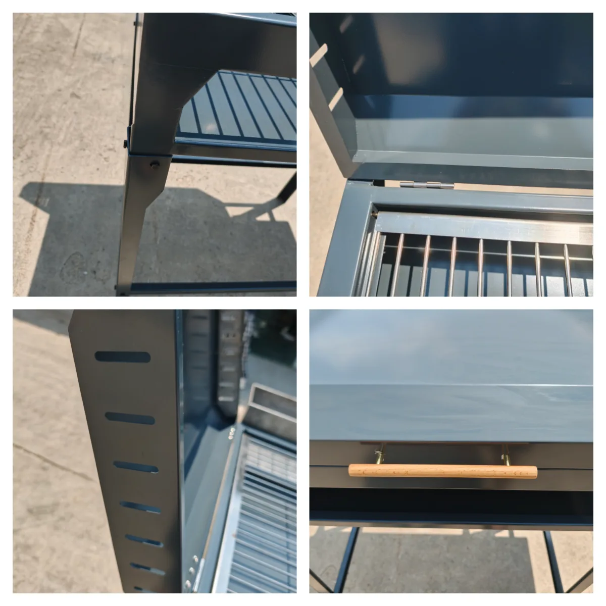Chulenguito BBQ grill hardware detail collage showing hinge, vents, wood handle and frame joints