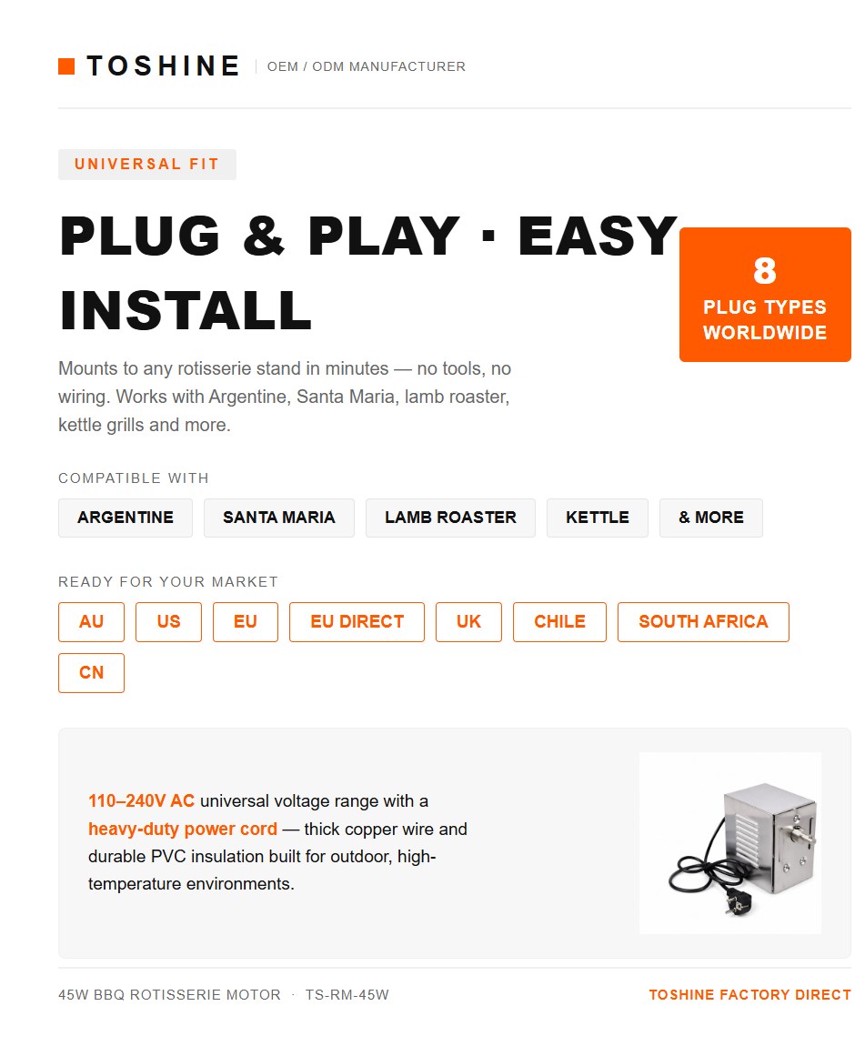 45W BBQ rotisserie motor plug and play with 8 plug types