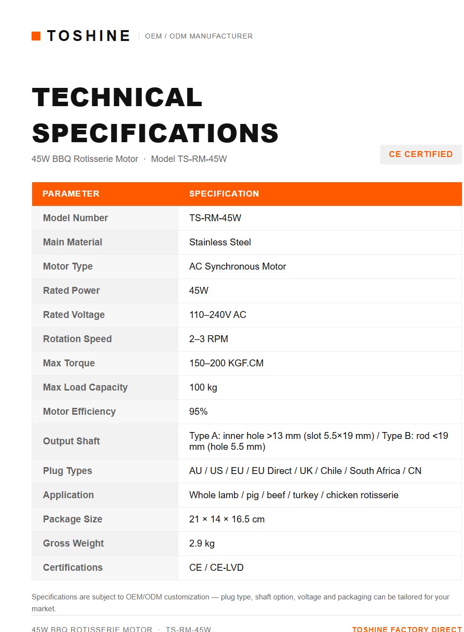45W BBQ rotisserie motor technical specifications table