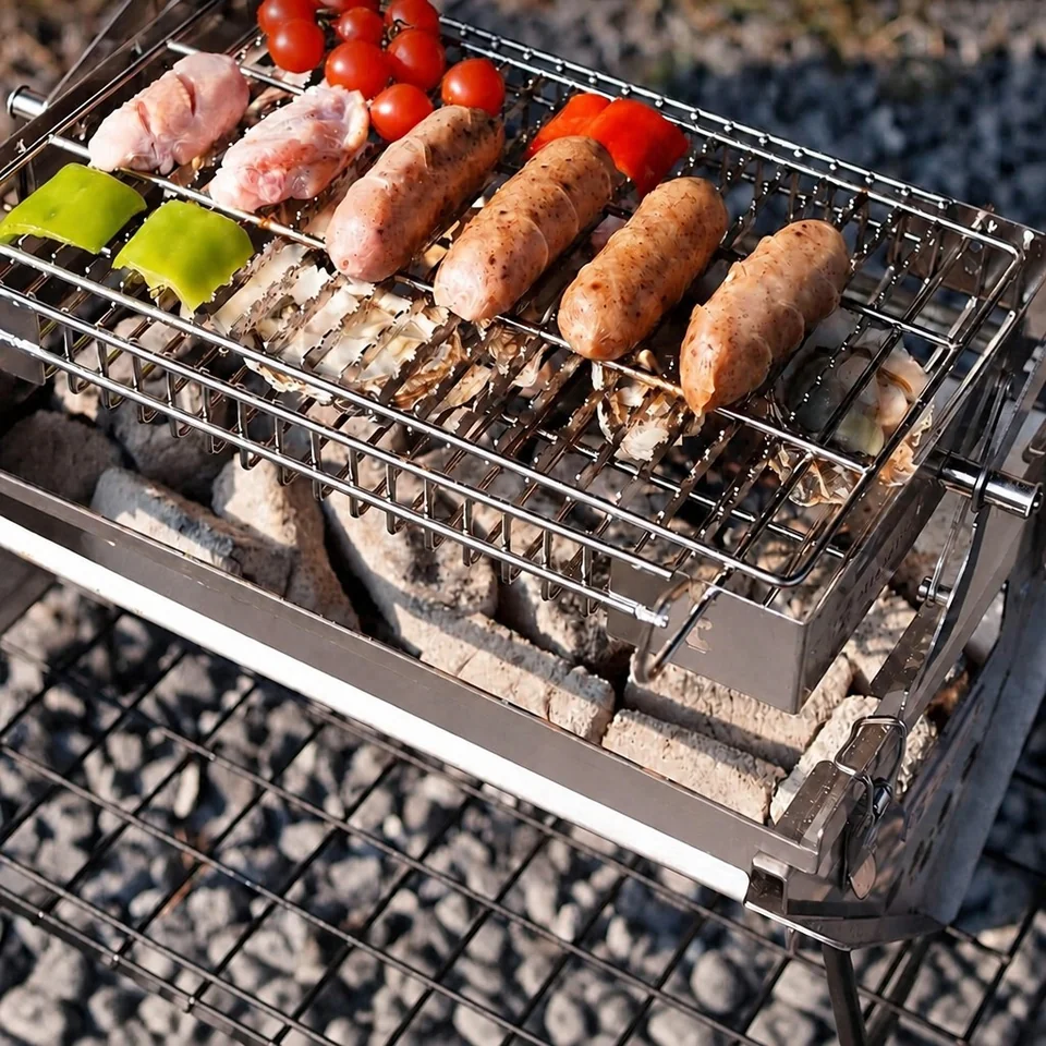 TOSHINE 360 rotating flip BBQ grill grilling sausages chicken peppers and oysters over charcoal