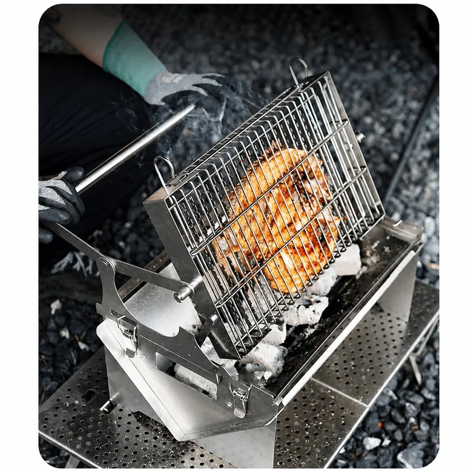 TOSHINE 360 rotating flip BBQ grill rotisserie cooking whole chicken in wire cage over charcoal