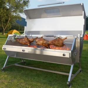 TOSHINE propane gas rotisserie grill roasting whole lamb on spit in grassland with flames