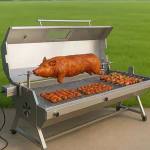 TOSHINE rotisserie grill set with trolley roasting whole pig and skewers over charcoal outdoors